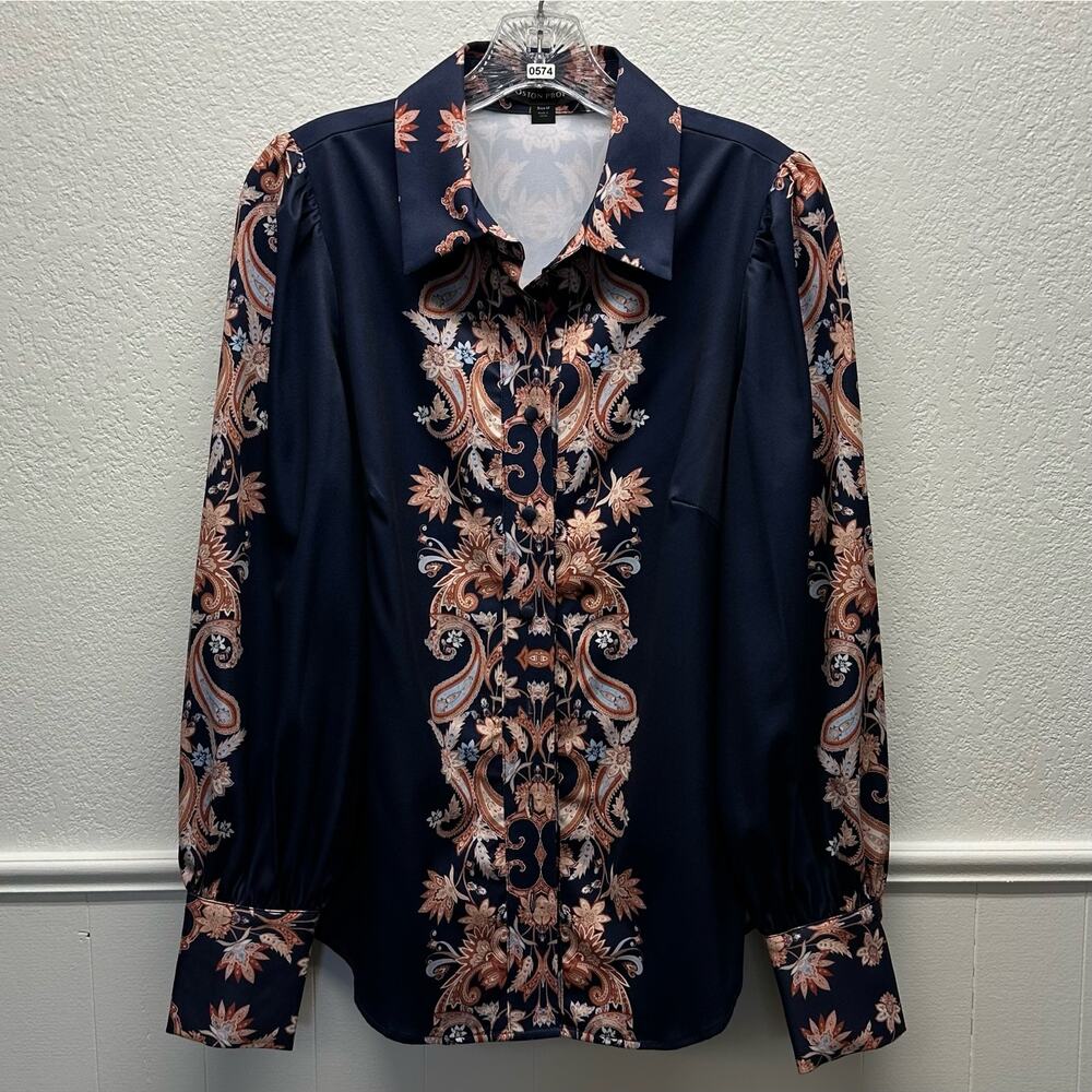 New! Boston Proper Women’s Sz M Button Up Long Sleeve Paisley Print Blouse, V574 - Picture 3 of 16